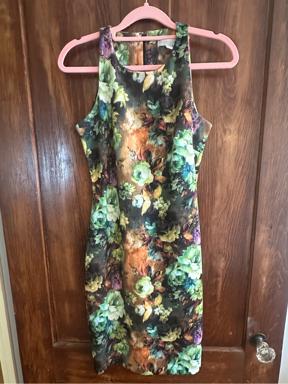 New York & Company Green and Multicolor Floral Midi Sheath Dress  with overskirt